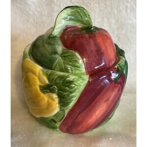 Otagiri Japan Sugar Bowl With Leaf Lid Peppers Hand Painted 4.5in Tall